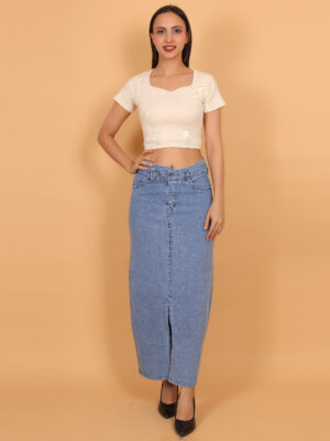 Stylish Women's Denim Midi Skirt, Light Blue