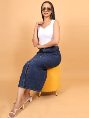 Denim Panelled Midi Skirt, Navy Blue