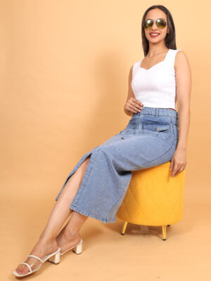 Denim Panelled Midi Skirt, Light Blue