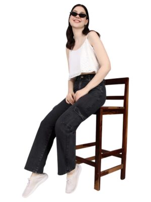 Stylish High Waist Cotton Blend Straight Slim Fit Jeans for Women