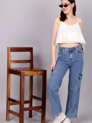 Denim High Waist Straight Fit Jeans for Women, Light Blue
